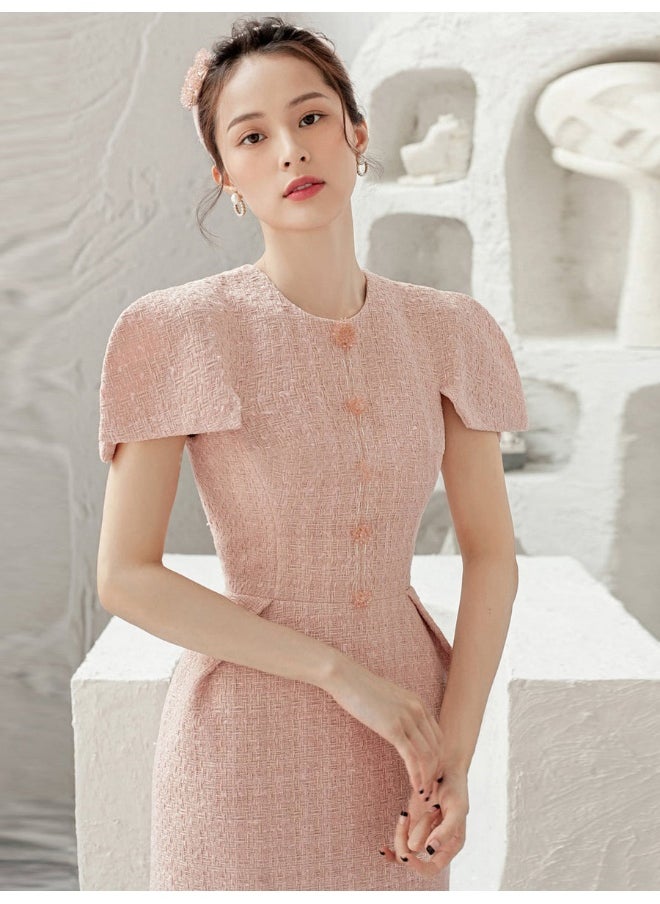 Madam Uniq Elegant Ladies' Soft Pink Tweed A-Line Dress - Chic Little Black Dress with a Feminine Touch  - Image 3