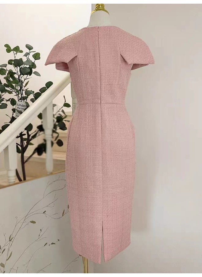 Madam Uniq Elegant Ladies' Soft Pink Tweed A-Line Dress - Chic Little Black Dress with a Feminine Touch  - Image 4