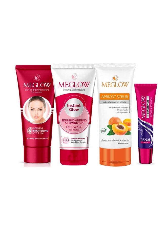 MEGLOW Skincare Combo Pack Of 4- Women'S Face Cream (50G) With Vitamin E And Natural Extracts | Instant Glow Face Wash (70G) | Apricot Scrub (70G) With Wallnut Shell Beads| Lip Shiner (15G) For Moisturized Lips | Paraben Free | For Glowing Skin - Image 1