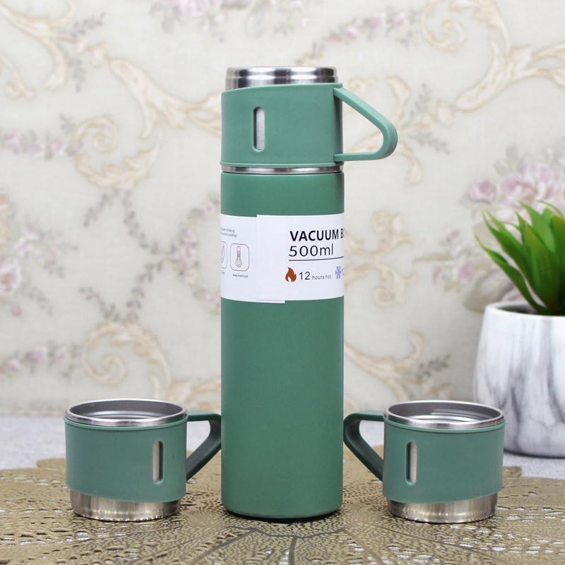 Nessan 3-Piece Stainless Steel Gift Set Vacuum Thermal Mug Flask Bottle with 2 Extra Cup Set Leak-proof Mug Insulated Travel Business Trip Water Bottle Thermos Hot & Cold Up to 12 Hours 500ml - Green - Image 4