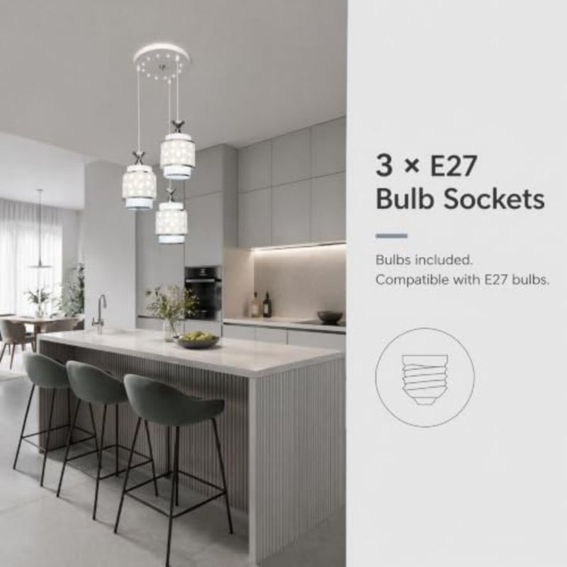 3-light pendant ceiling light for dining room and kitchen island, metal and white cutout shades, adjustable height, includes 3 E27 bulbs - Image 5