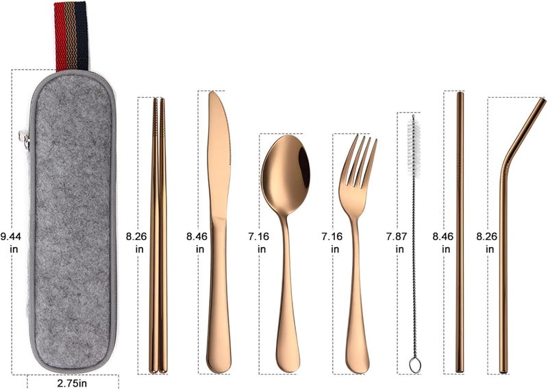 DEVICO Portable Utensils, Travel Camping Cutlery Set, 8-Piece including Knife Fork Spoon Chopsticks Cleaning Brush Straws Portable Case, Stainless Steel Flatware set (Rose Gold) - Image 2