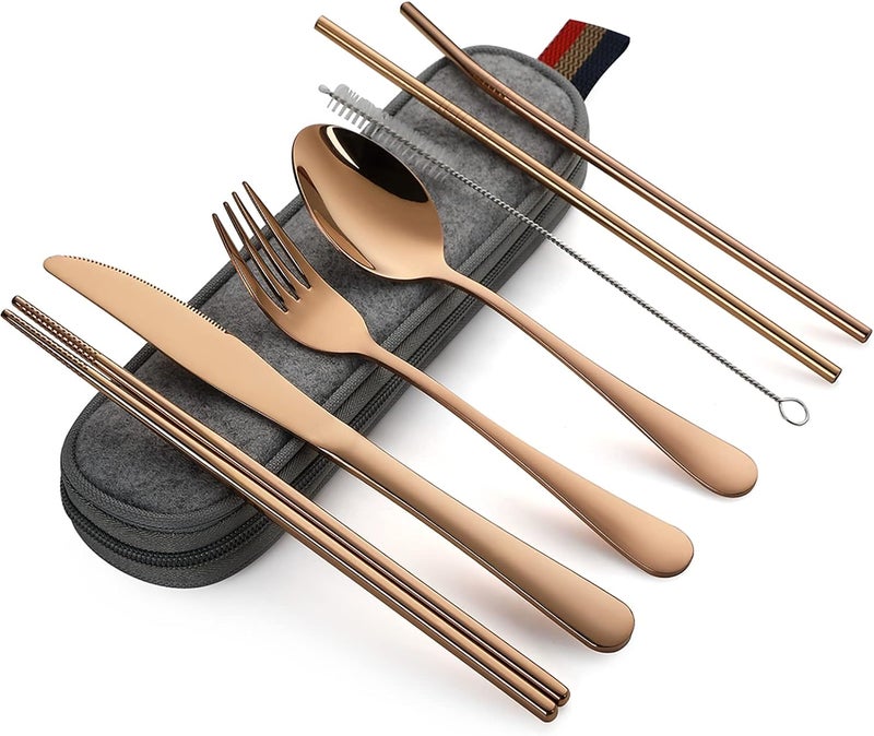 DEVICO Portable Utensils, Travel Camping Cutlery Set, 8-Piece including Knife Fork Spoon Chopsticks Cleaning Brush Straws Portable Case, Stainless Steel Flatware set (Rose Gold) - Image 1