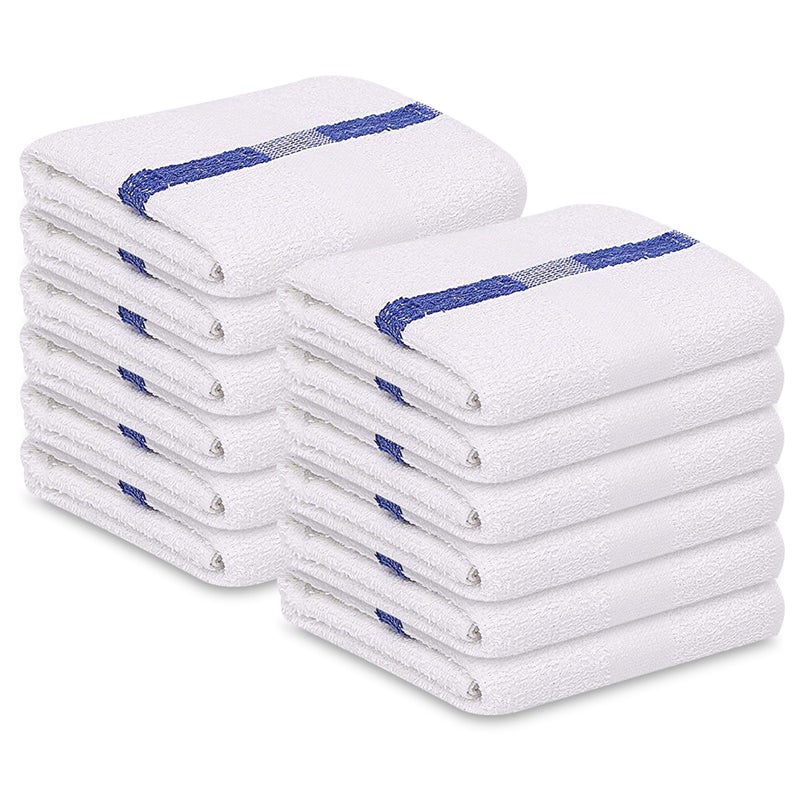 GOLD TEXTILES Bulk Bath Towels White 22x44 Inches Economy Grade Light Weight Easycare 12 Blue Stripe