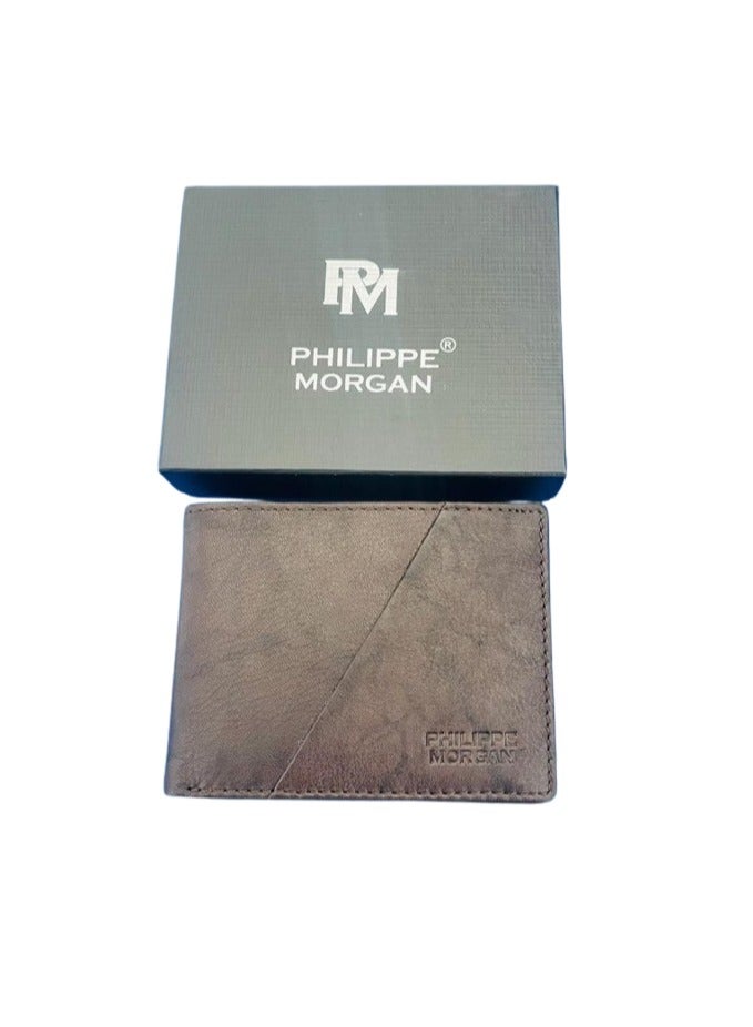 فيليب مورجان محفظة جلدية أصلية فاخرة قابلة للطي للرجال باللون البني الداكن - Image 1
