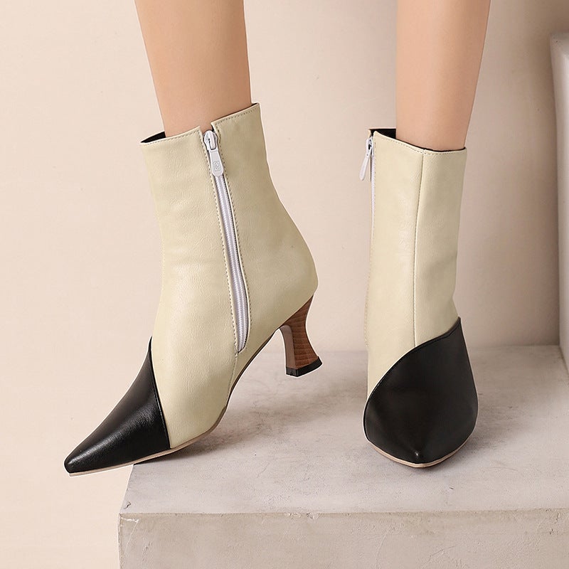 Wish Source Winter Fashion Pointed Short Boots 40-50 Mid-Heel Stitching Low-Rise Versatile Women'S Shoes - Image 3