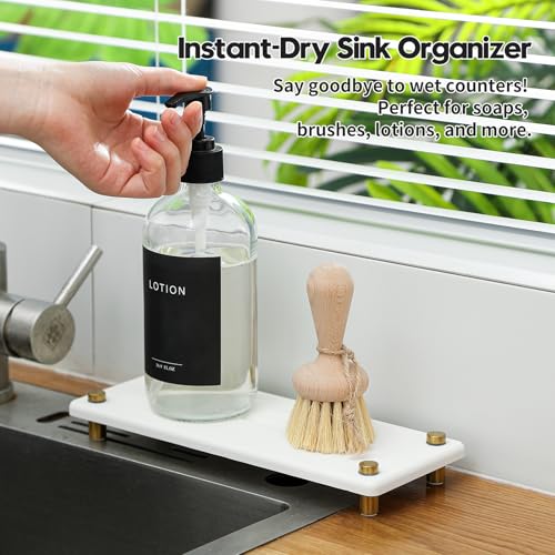 Razborci Water Absorbing Stone Sink Caddy Kitchen Sink Organizer Tray Diatomite Bathroom Counter Tray Gold Faucet Drying Mat Coaster Soap Dish Rack Riser Dispenser Sponge Holder White 10 x 4 - Image 3