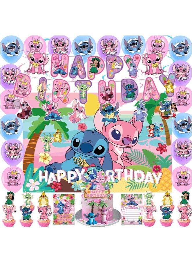 Stitch Party Decorations Set - Includes Balloons, Birthday Banner & Cake Topper, Hanging Spins for Baby Shower, Graduation, Bachelorette - Indoor Outdoor Backdrop Decor - Image 1