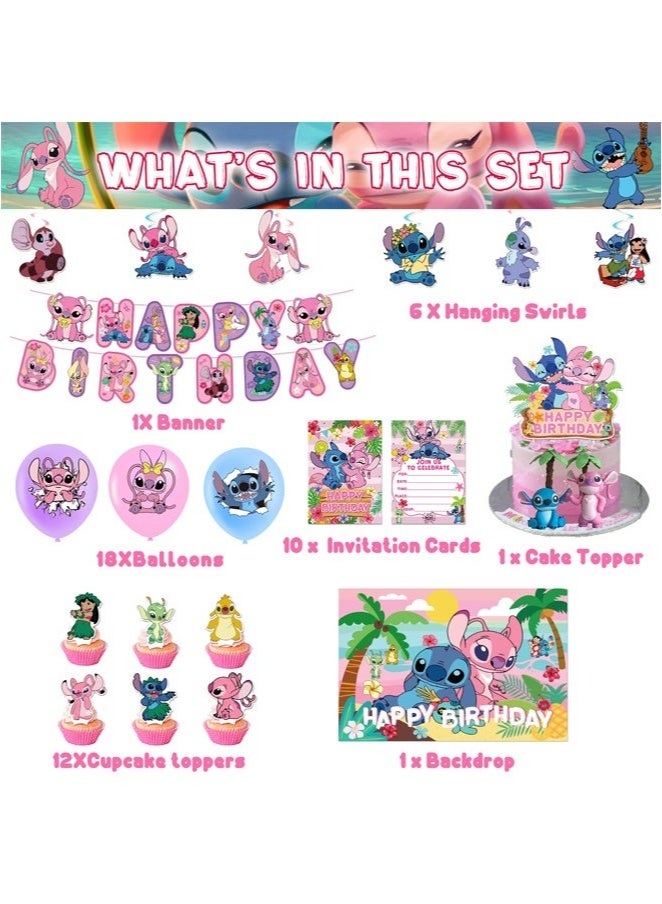 Stitch Party Decorations Set - Includes Balloons, Birthday Banner & Cake Topper, Hanging Spins for Baby Shower, Graduation, Bachelorette - Indoor Outdoor Backdrop Decor - Image 2