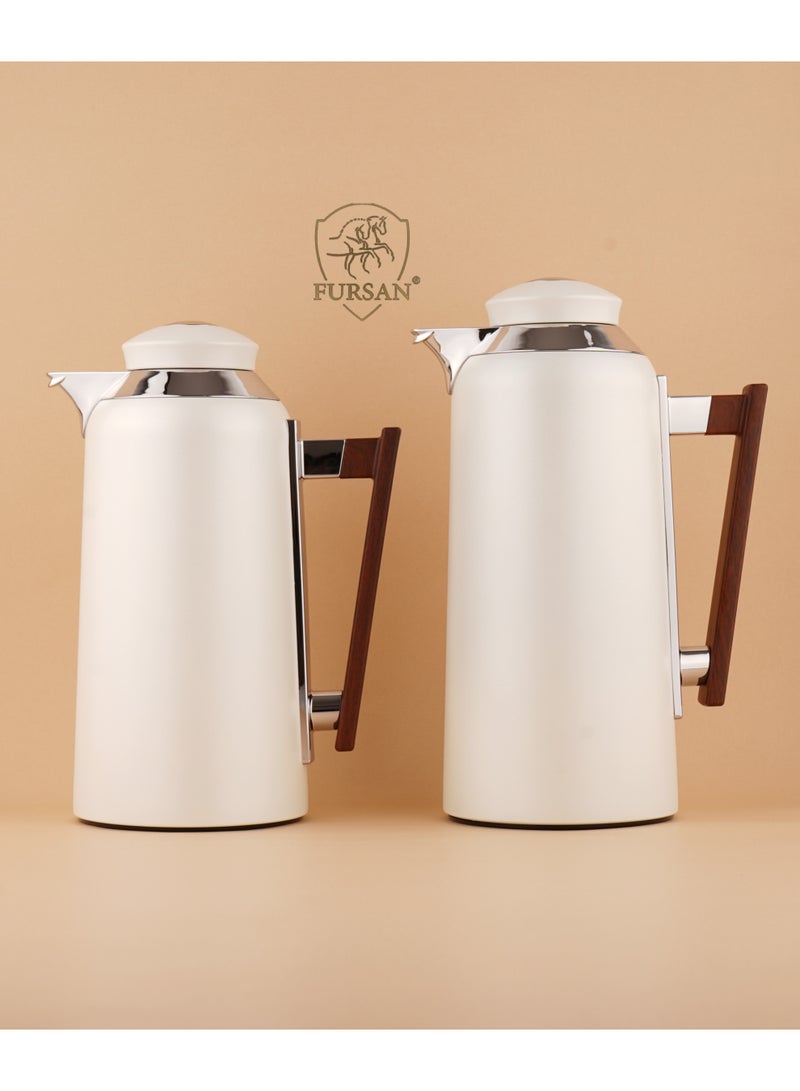 FURSAN Arabic Vacuum Flask Set, 1.0L & 0.7L, Wahite Metal Body, for Coffee and Tea