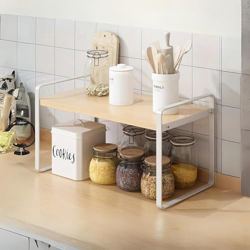 Decorlay Countertop Storage Rack – Metal & Engineering Wood Space-Saving Organizer for Kitchen Spice Jars, Bathroom Essentials, Office Desk, and Cosmetic Organize (Beech+White, Single Tier) - Image 1