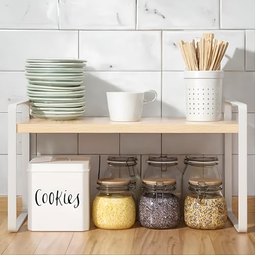 Decorlay Countertop Storage Rack – Metal & Engineering Wood Space-Saving Organizer for Kitchen Spice Jars, Bathroom Essentials, Office Desk, and Cosmetic Organize (Beech+White, Single Tier) - Image 2