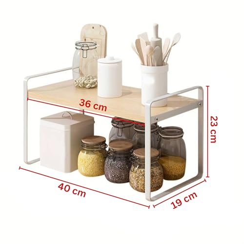 Decorlay Countertop Storage Rack – Metal & Engineering Wood Space-Saving Organizer for Kitchen Spice Jars, Bathroom Essentials, Office Desk, and Cosmetic Organize (Beech+White, Single Tier) - Image 3