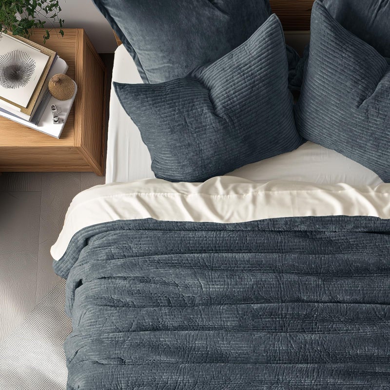 EVERGRACE Velvet Quilt Set Queen Size, Luxurious Soft Quilted Bedding Sets, Lightweight Velvet Comforter for All Season, Striped Channel Bedspread Coverlet with 2 Shams, Midnight Blue - Image 4