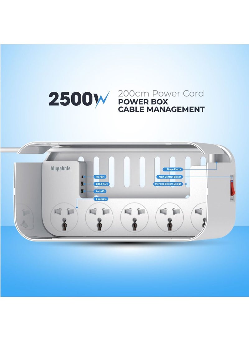 PowerBox Cable Management Station with 5 Universal Power Sockets + USB-C + QC3.0 + USB-A – 2M Surge Protection Charging Hub for Desk, Home & Office