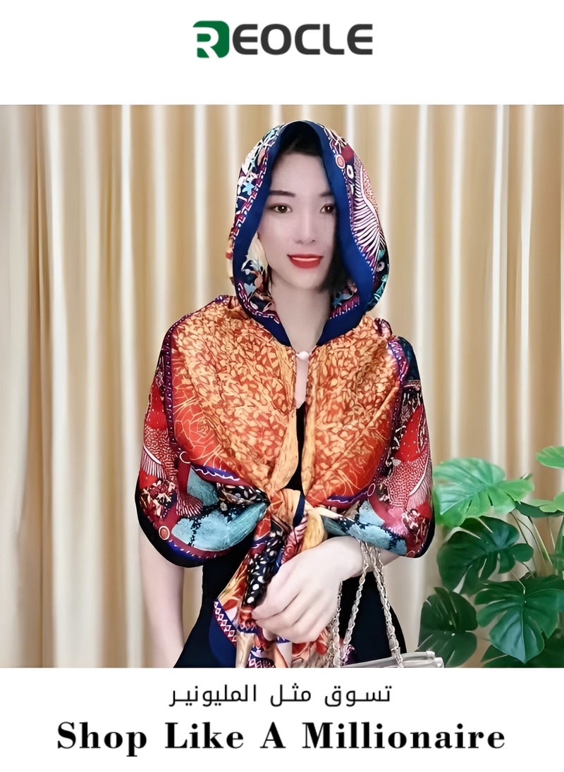 REOCLE - Women's Hooded Cape Hooded Shawl Sun Hat Scarf with Magnetic Buckle & Fashion Print Sun Protection Shawl for Spring Autumn Summer - Image 1