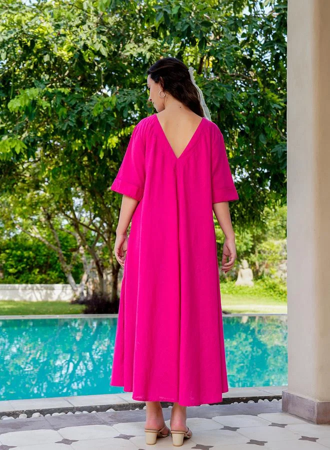 Sanskrutihomes Pink Beaded A-Line Midi Dress with Short Sleeves