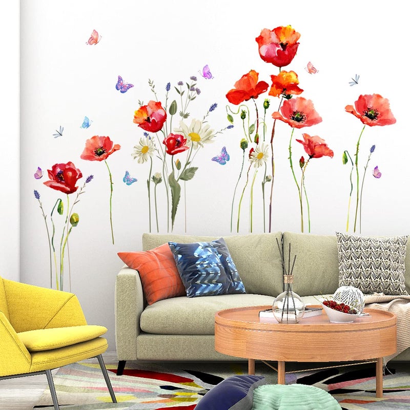CNUSER Watercolor Wall Stickers Red Flower Decal Removable Waterproof Wall Art Decor for Bedroom Living Room Offices Home Decoration
