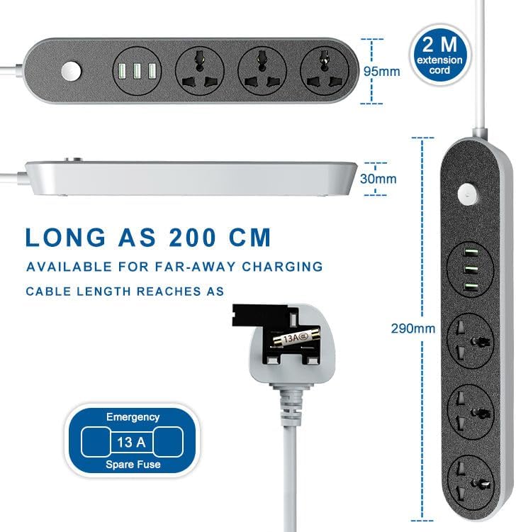 5M Heavy Duty Power Extension Cord with 3 UK Sockets, 2 USB Ports & 1 USB-C PD, 13A Surge Protected Power Strip with Safety Shutters, Wall Mountable for Home & Office – 5M-3PW-2USB-1PD - Image 2