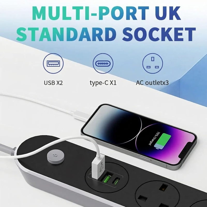 5M Heavy Duty Power Extension Cord with 3 UK Sockets, 2 USB Ports & 1 USB-C PD, 13A Surge Protected Power Strip with Safety Shutters, Wall Mountable for Home & Office – 5M-3PW-2USB-1PD - Image 3