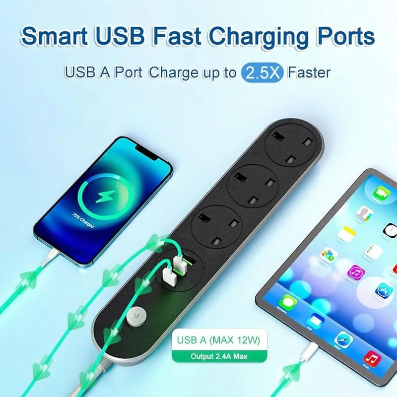 5M Heavy Duty Power Extension Cord with 3 UK Sockets, 2 USB Ports & 1 USB-C PD, 13A Surge Protected Power Strip with Safety Shutters, Wall Mountable for Home & Office – 5M-3PW-2USB-1PD - Image 4