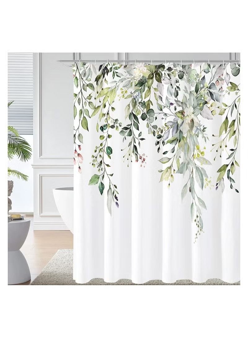 Shower Curtain, Green Eucalyptus Watercolor Plant Leaves with Floral Bathroom Decor Waterproof Fabric Shower Curtain with 12 Hooks, 72x72 Inch Bath Accessories Art Home Decor Fabric (Green Eucalyptus) - Image 1