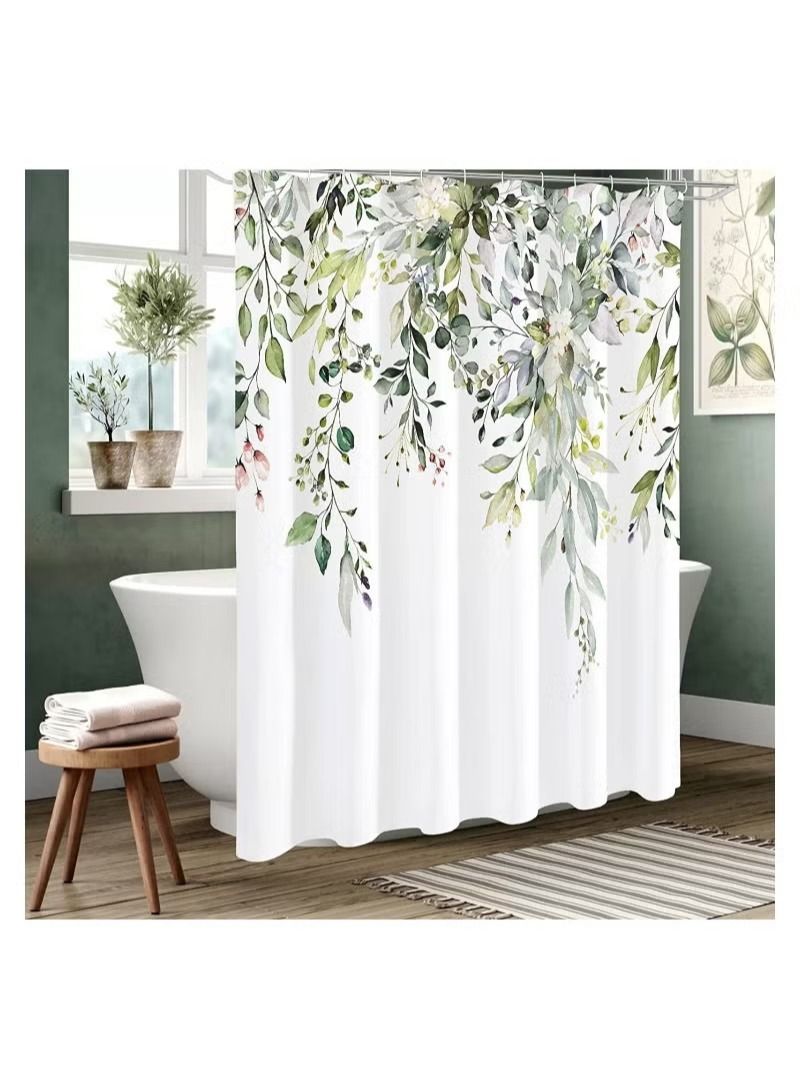 Shower Curtain, Green Eucalyptus Watercolor Plant Leaves with Floral Bathroom Decor Waterproof Fabric Shower Curtain with 12 Hooks, 72x72 Inch Bath Accessories Art Home Decor Fabric (Green Eucalyptus) - Image 3