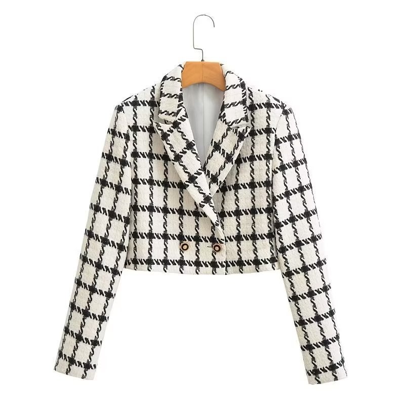 2023 Autumn Chic Plaid Cropped Blazer Women Lotus color  - Image 2