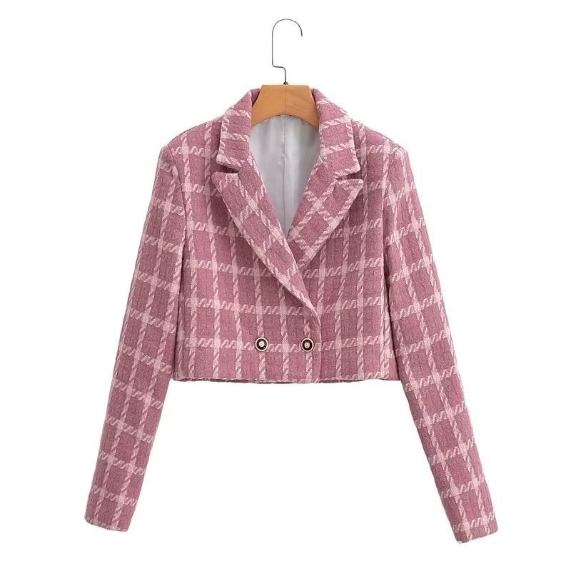 2023 Autumn Chic Plaid Cropped Blazer Women Lotus color  - Image 1