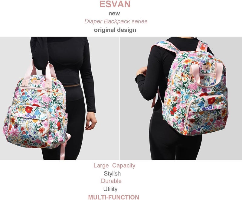 ESVAN Diaper Bag Backpack Large Capacity Multifunction Baby Essentials Fashion Travel Pack Linen Canvas office Laptop Bag Canvas Pink - Image 5