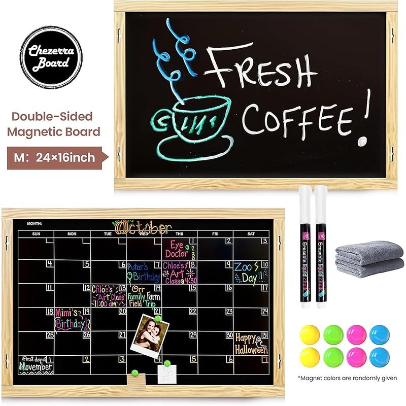 Chezerra 2-in-1 Double-Sided Magnetic Chalkboard 24x16, Chalk Calendar Board & Large Blackboard for Kitchen & Home Decor, Schedule, Menu, Back-to-School Gift - Hanging Chalk Board with 2 Liquid Pens, Wood - Image 2