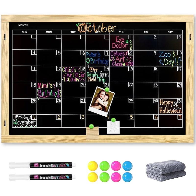 Chezerra 2-in-1 Double-Sided Magnetic Chalkboard 24x16, Chalk Calendar Board & Large Blackboard for Kitchen & Home Decor, Schedule, Menu, Back-to-School Gift - Hanging Chalk Board with 2 Liquid Pens, Wood - Image 1