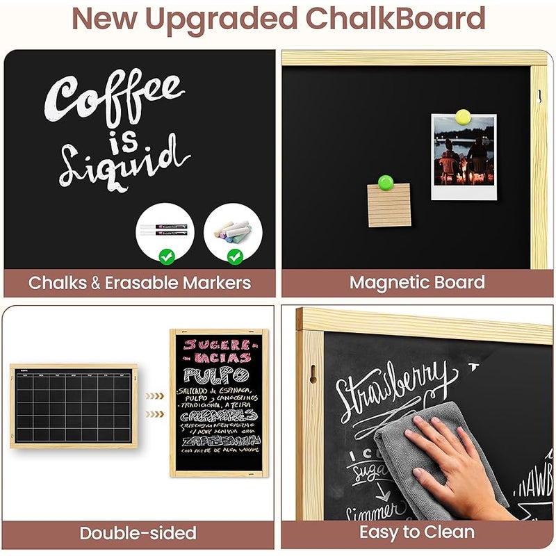 Chezerra 2-in-1 Double-Sided Magnetic Chalkboard 24x16, Chalk Calendar Board & Large Blackboard for Kitchen & Home Decor, Schedule, Menu, Back-to-School Gift - Hanging Chalk Board with 2 Liquid Pens, Wood - Image 4