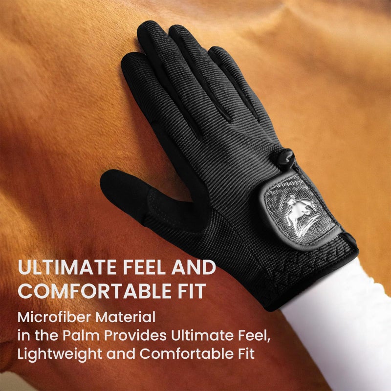 FINGER TEN Horse Riding Gloves Equestrian Women Kids for Girls Boys Mesh Breathable Lightweight Color Pack, Comfortable Grip for Summer (Women-Black, Medium) - Image 3