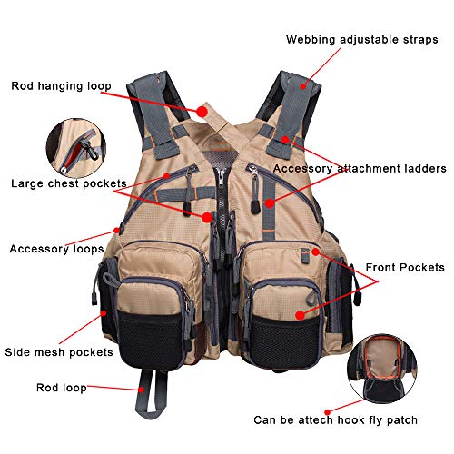 Waxaya Lightweight Fly Fishing Vest with Multi Pockets Adjustable Size Mesh Fishing Backpack for Men and Women (Khaki) - Image 4