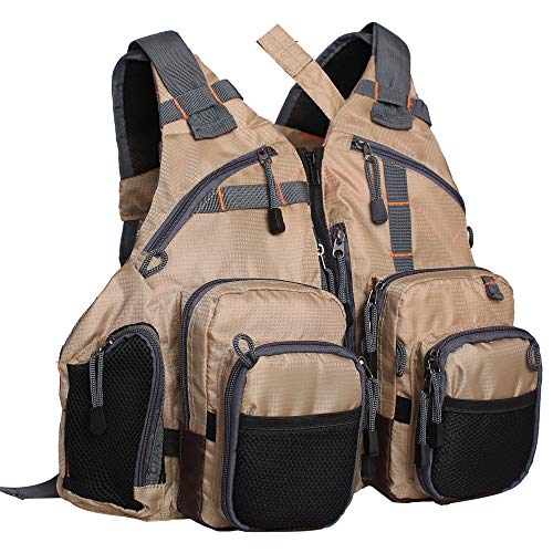 Waxaya Lightweight Fly Fishing Vest with Multi Pockets Adjustable Size Mesh Fishing Backpack for Men and Women (Khaki) - Image 1