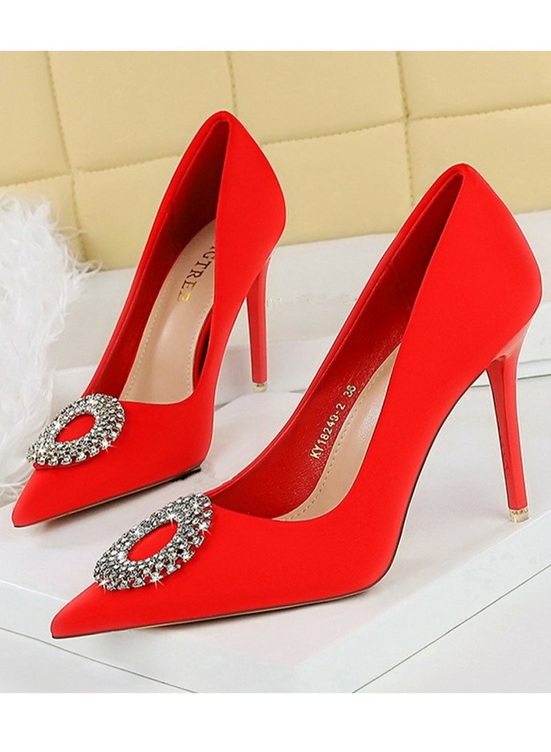 BIGTREE Women's Closed Pointed Toe Stiletto Pump Rhinestone Round Buckle Decoration High Heels Red 10.5CM
