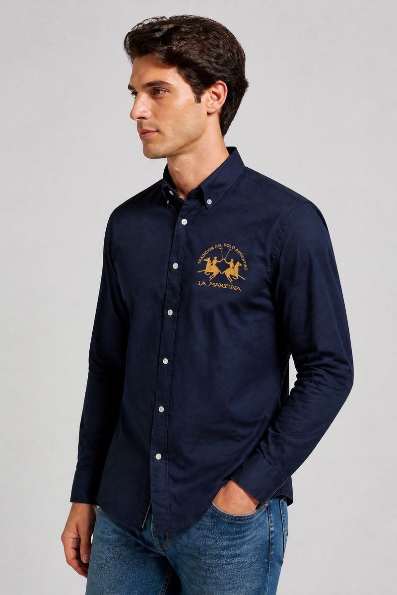 La Martina Men Slim Fit Embroidered Logo Long Sleeve Casual Shirt, Navy - Image 3