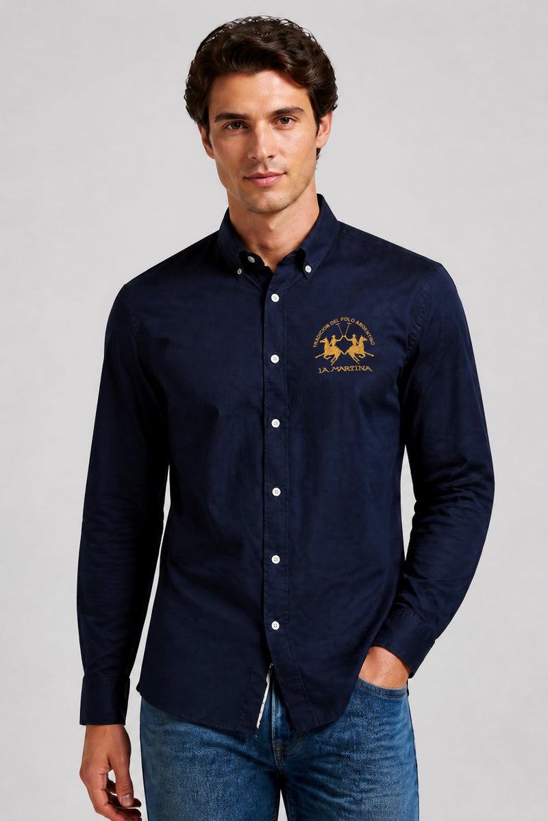 La Martina Men Slim Fit Embroidered Logo Long Sleeve Casual Shirt, Navy - Image 1