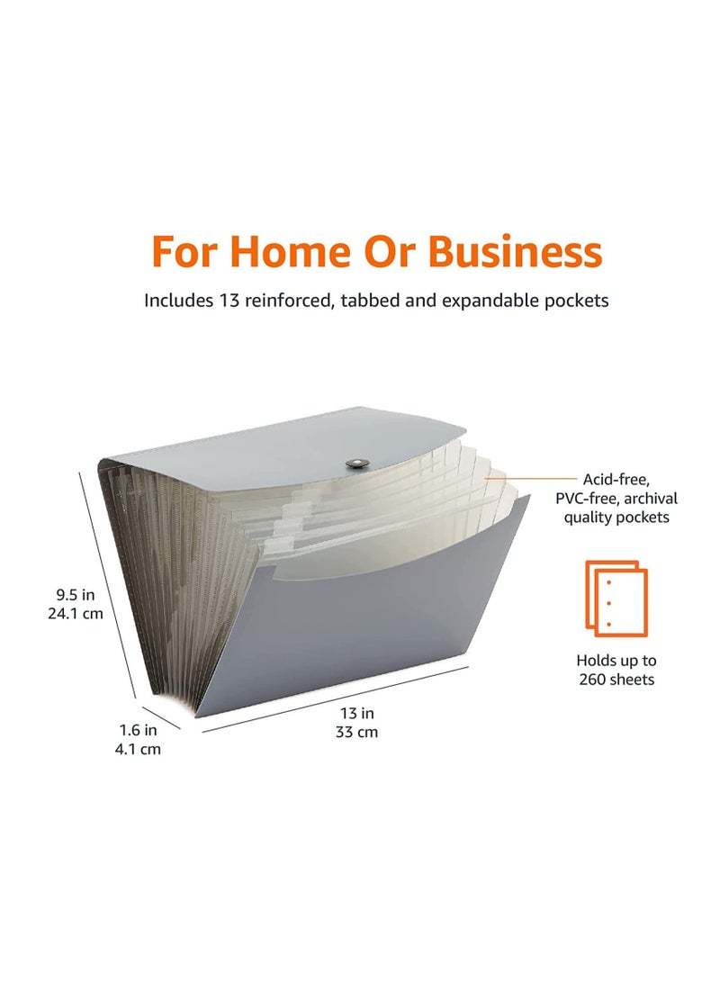 Expanding File Organizer Folder, 13-Pocket Accordion File Folder with Tabs & Elastic Closure – A4 Document Holder for Home, School, Office, and Travel (1 Pcs Grey/Transparent) - Image 2
