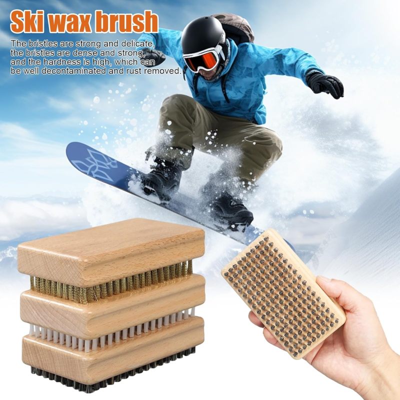 Snowboard Wax Brush Kit: 3-Piece Yellow Set - Durable Non-Shedding Bristles Ergonomic Wooden Handle for Snowboard Ski Maintenance & Waxing Enthusiasts - Image 3