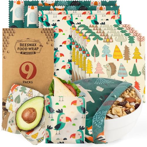 Akeeko Reusable Beeswax Food Wraps - Assorted 9 Packs, Reusable, Plastic-Free Food Storage, 5 Small, 2 Medium, 1 Large, 1 Extra Large Wraps with Forest Animals Pattern - Image 1