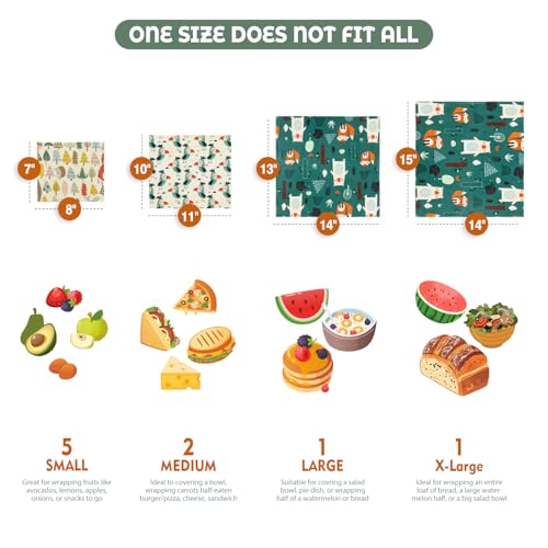 Akeeko Reusable Beeswax Food Wraps - Assorted 9 Packs, Reusable, Plastic-Free Food Storage, 5 Small, 2 Medium, 1 Large, 1 Extra Large Wraps with Forest Animals Pattern - Image 2