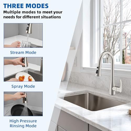 Hibbent Pull Down Spray Head for Kitchen Faucet 3Function Spray Nozzle with 15 Adapters Straight Sink Faucet Head Replacement Compatible with Moen Delta Kohler American Standard Brushed Nickel - Image 3