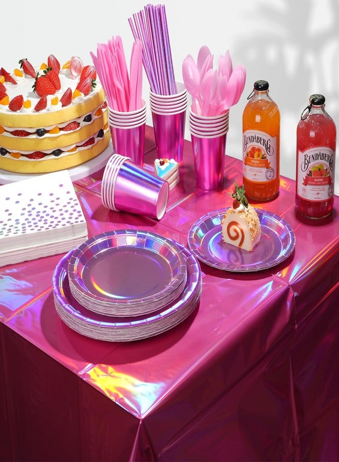 FunnyPars Iridescent Pink Party Supplies Decorations Serve 25, Hot Pink Holographic Paper Plates and Napkins Set, Disposable Pink Paper Plates Cups Knives Spoons Fork for Mermaid Disco Birthday Graduation Party - Image 5