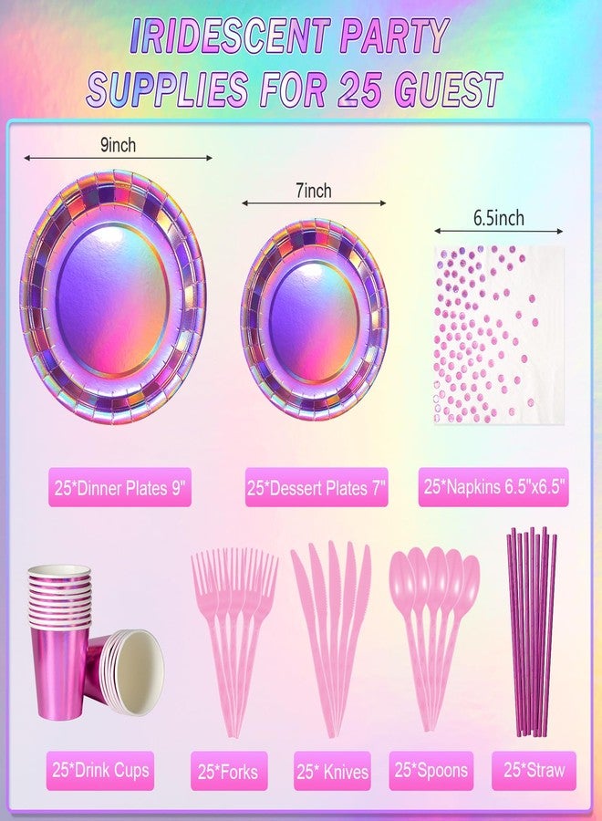 FunnyPars Iridescent Pink Party Supplies Decorations Serve 25, Hot Pink Holographic Paper Plates and Napkins Set, Disposable Pink Paper Plates Cups Knives Spoons Fork for Mermaid Disco Birthday Graduation Party - Image 2