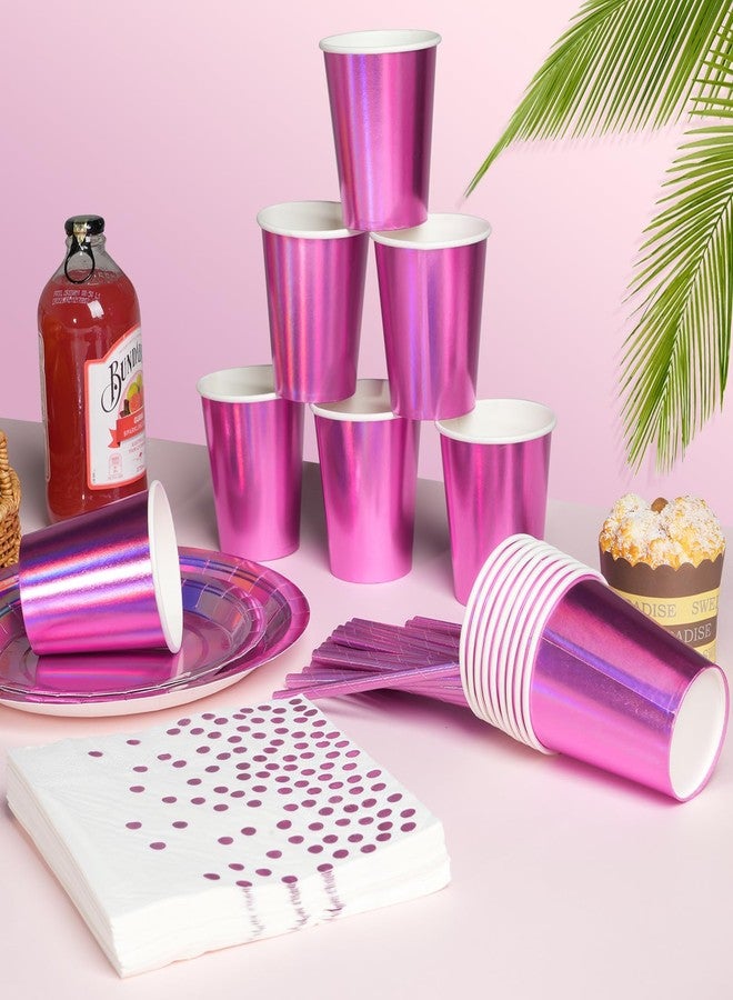 FunnyPars Iridescent Pink Party Supplies Decorations Serve 25, Hot Pink Holographic Paper Plates and Napkins Set, Disposable Pink Paper Plates Cups Knives Spoons Fork for Mermaid Disco Birthday Graduation Party - Image 4
