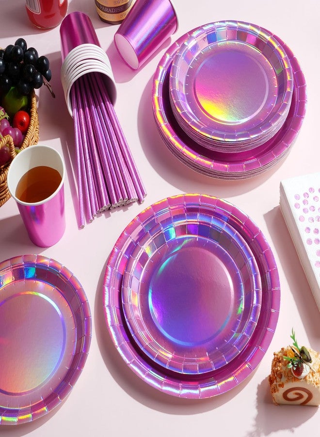 FunnyPars Iridescent Pink Party Supplies Decorations Serve 25, Hot Pink Holographic Paper Plates and Napkins Set, Disposable Pink Paper Plates Cups Knives Spoons Fork for Mermaid Disco Birthday Graduation Party - Image 3