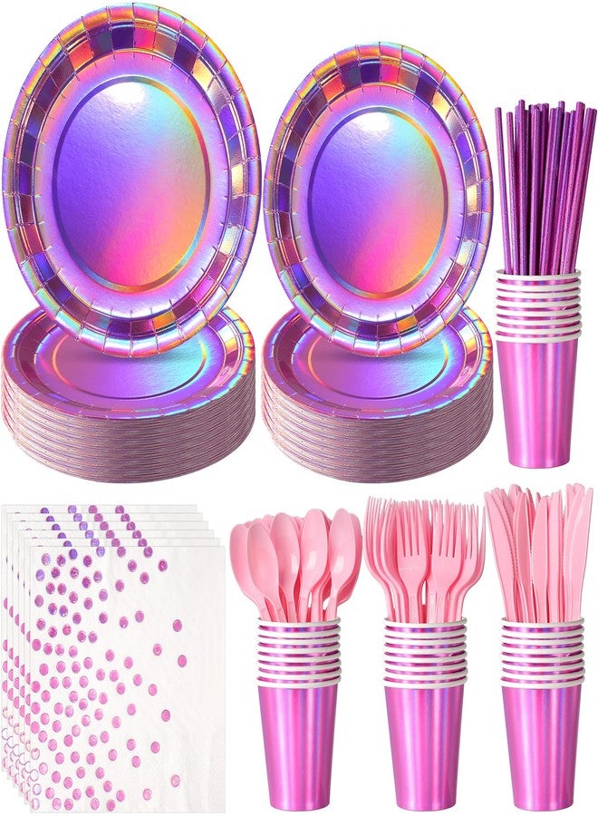 FunnyPars Iridescent Pink Party Supplies Decorations Serve 25, Hot Pink Holographic Paper Plates and Napkins Set, Disposable Pink Paper Plates Cups Knives Spoons Fork for Mermaid Disco Birthday Graduation Party - Image 1