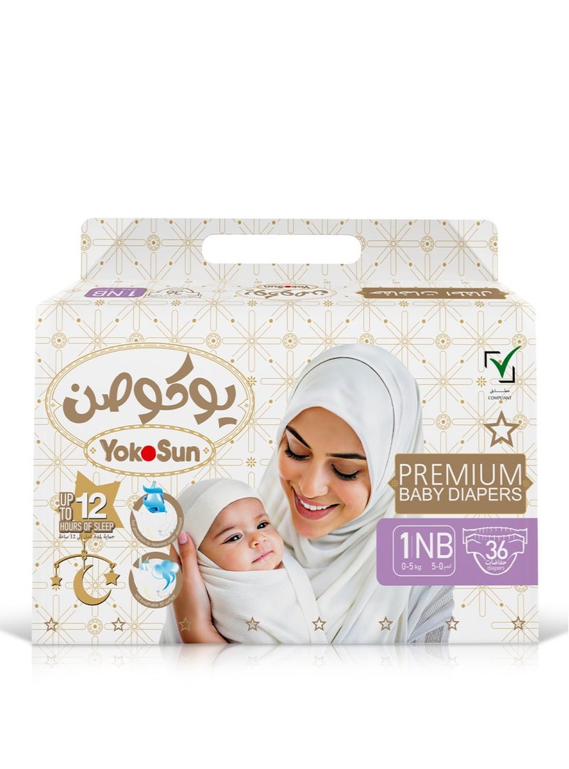 YokoSun Premium Baby Diapers, Size 1 / NB (0-5 kg), 36 pcs – Ultra-Soft, Hypoallergenic Nappies, Japanese Quality for Newborn Skin Care, Leakproof with 12-Hour Dryness Protection - Image 1